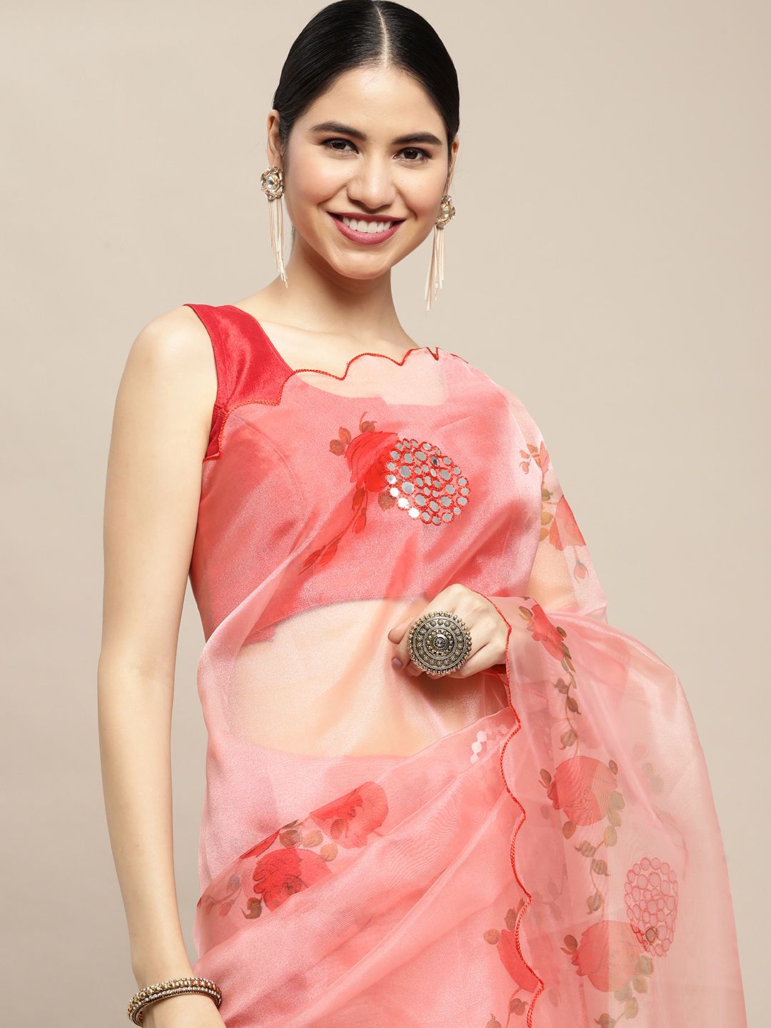 VASTRANAND Peach-Coloured & Red Floral Printed Mirror Work Organza Saree Price in India
