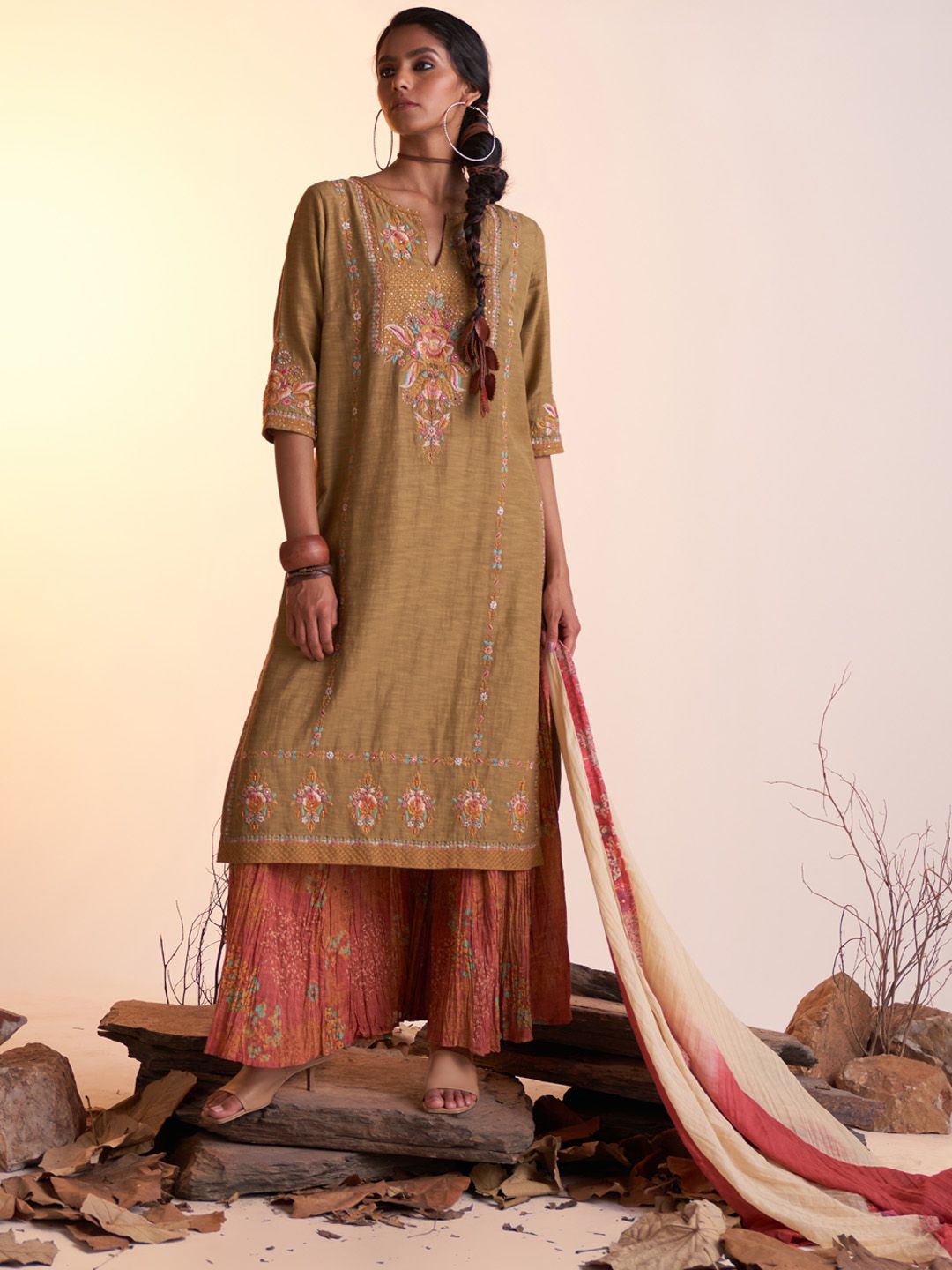 Ritu Kumar Women Floral Embroidered Thread Work Kurta with Sharara & Dupatta Price in India