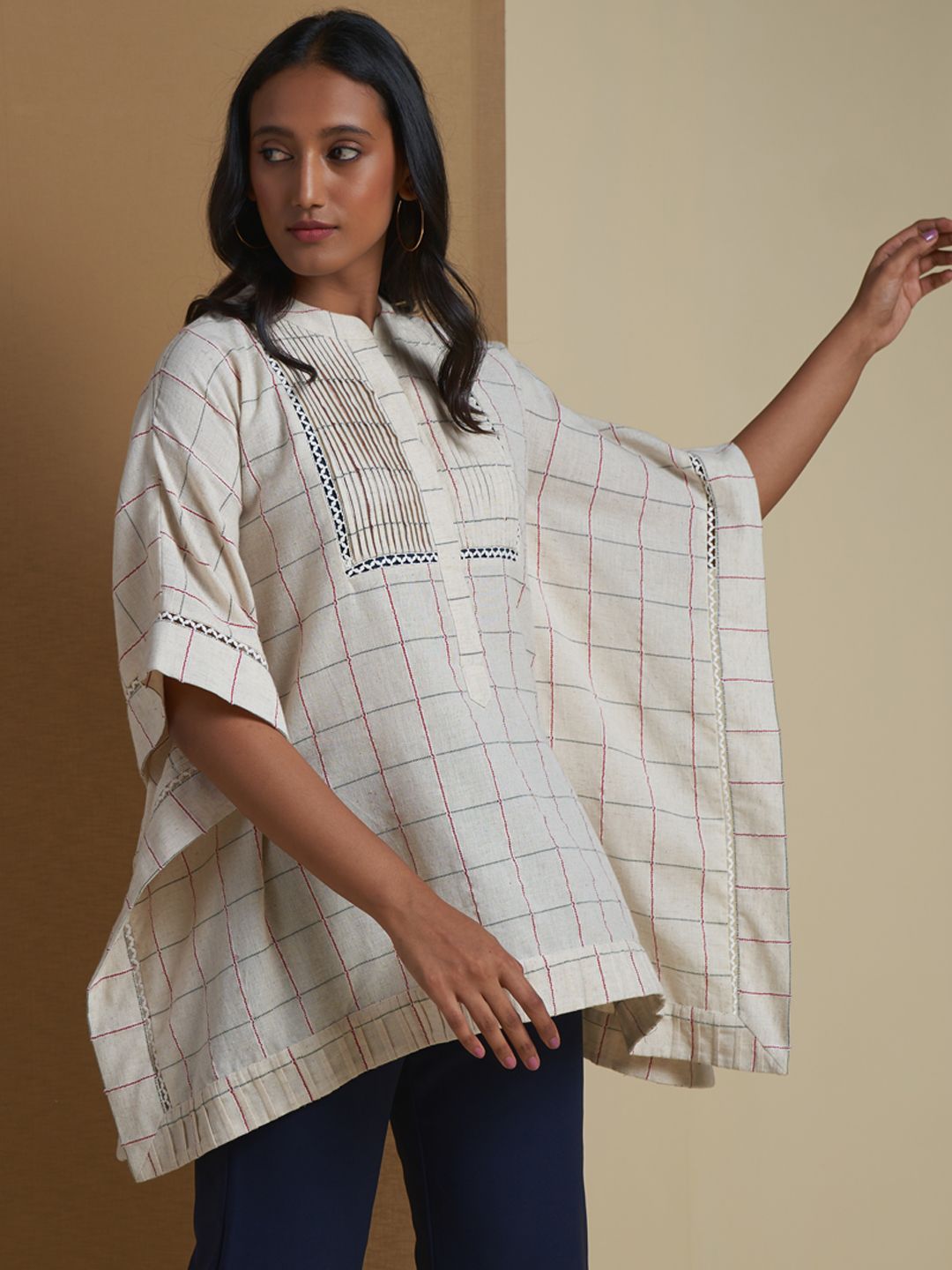 Ritu Kumar Off White & Maroon Checked Flared Sleeves Pure Cotton Kaftan Kurti Price in India