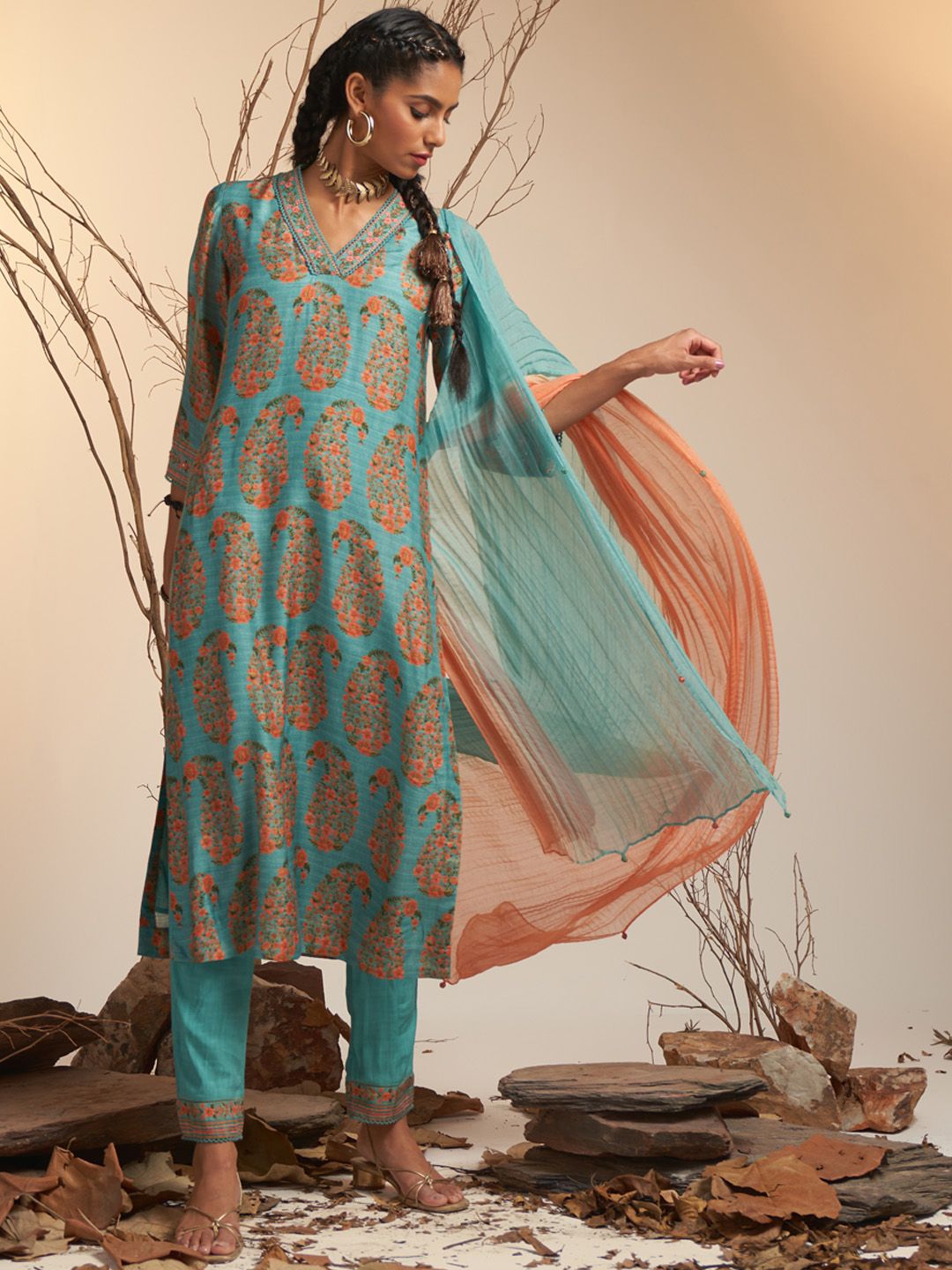 Ritu Kumar Women Blue & Coral Orange Ethnic Motifs Print Kurta with Trousers & Dupatta Price in India