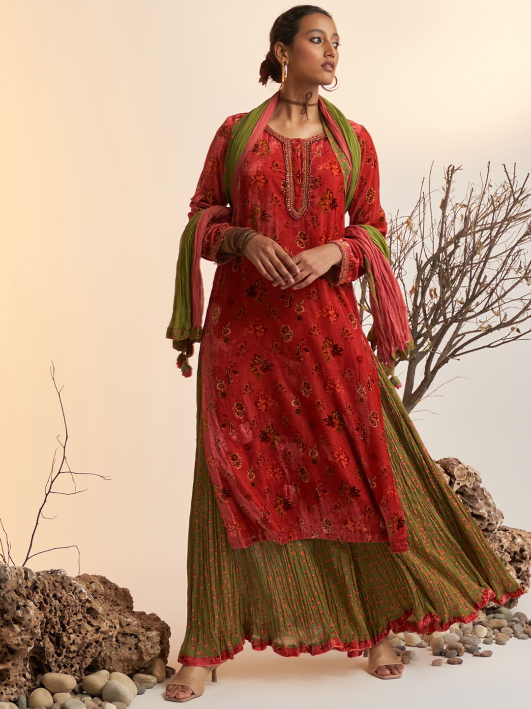 Ritu Kumar Women Red & Green Ethnic Motifs Printed Velvet Kurta with Sharara & Dupatta Price in India