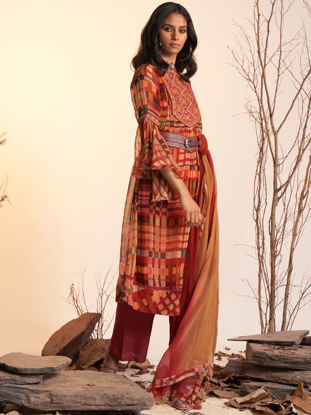 Ritu Kumar Women Orange Dyed Embroidered Yoke Design Kurta with Trousers & Dupatta Price in India