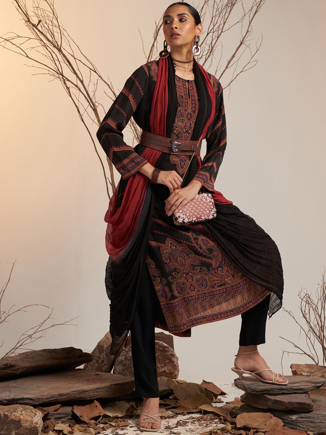 Ritu Kumar Women Black & Red Ethnic Motifs Printed Kurta with Trousers & Dupatta Price in India