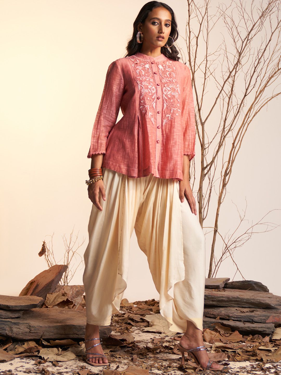 Ritu Kumar Pink Ethnic Motifs Embroidered Flared Sleeves Chanderi Silk Pleated Kurti Price in India
