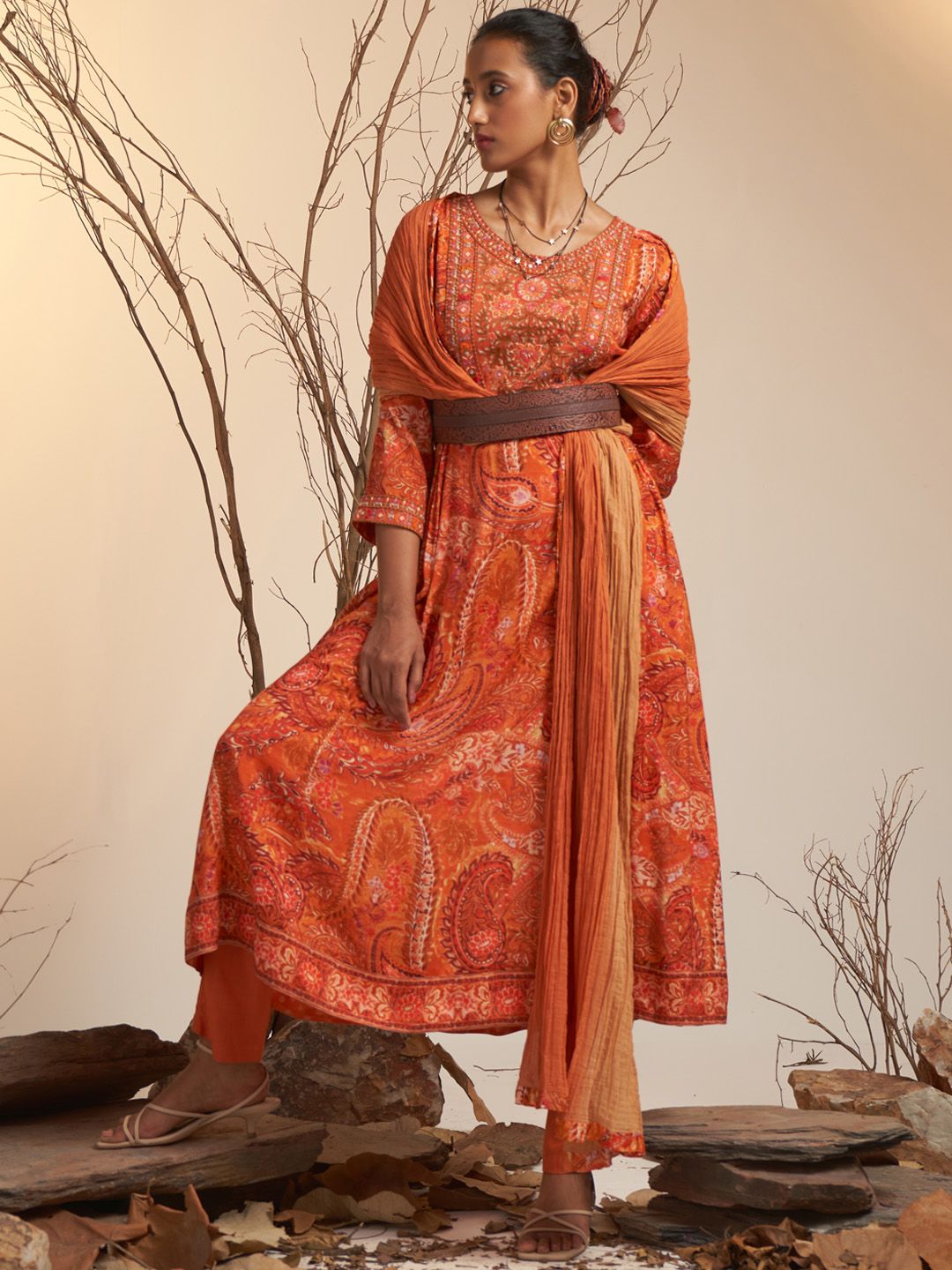 Ritu Kumar Women Orange Ethnic Motifs Print Yoke Design Kurta with Trousers & Dupatta Price in India