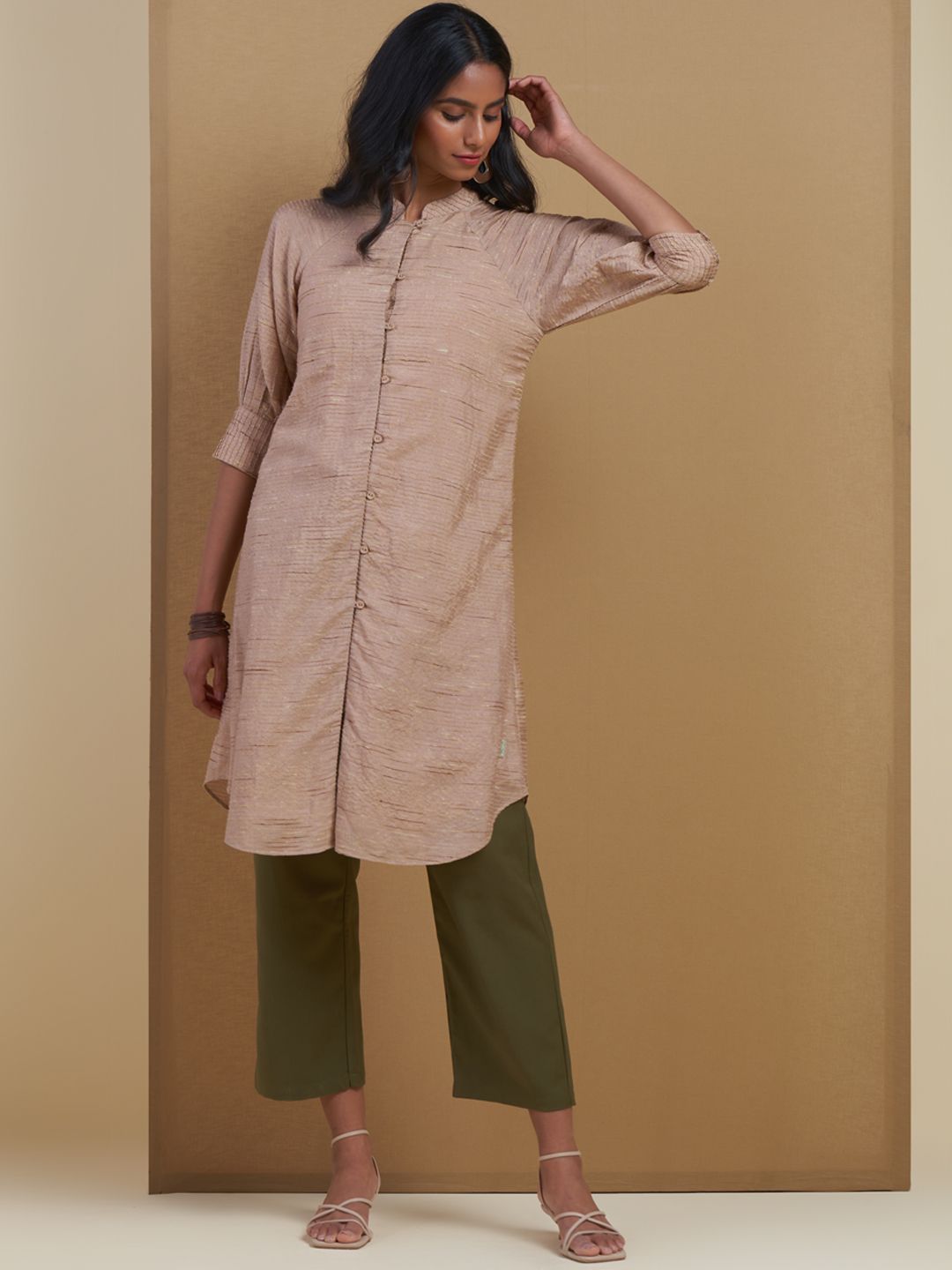 Ritu Kumar Women Beige Woven Design Textured Kurti Price in India
