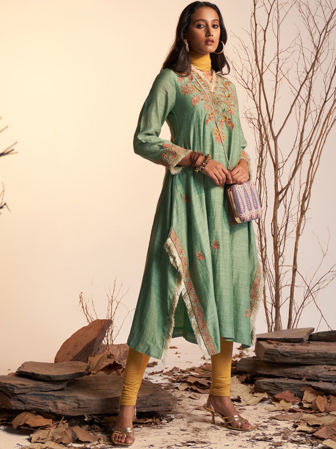 Ritu Kumar Women Green Embroidered Yoke Design Pure Cotton Kurta With Leggings & Dupatta Price in India