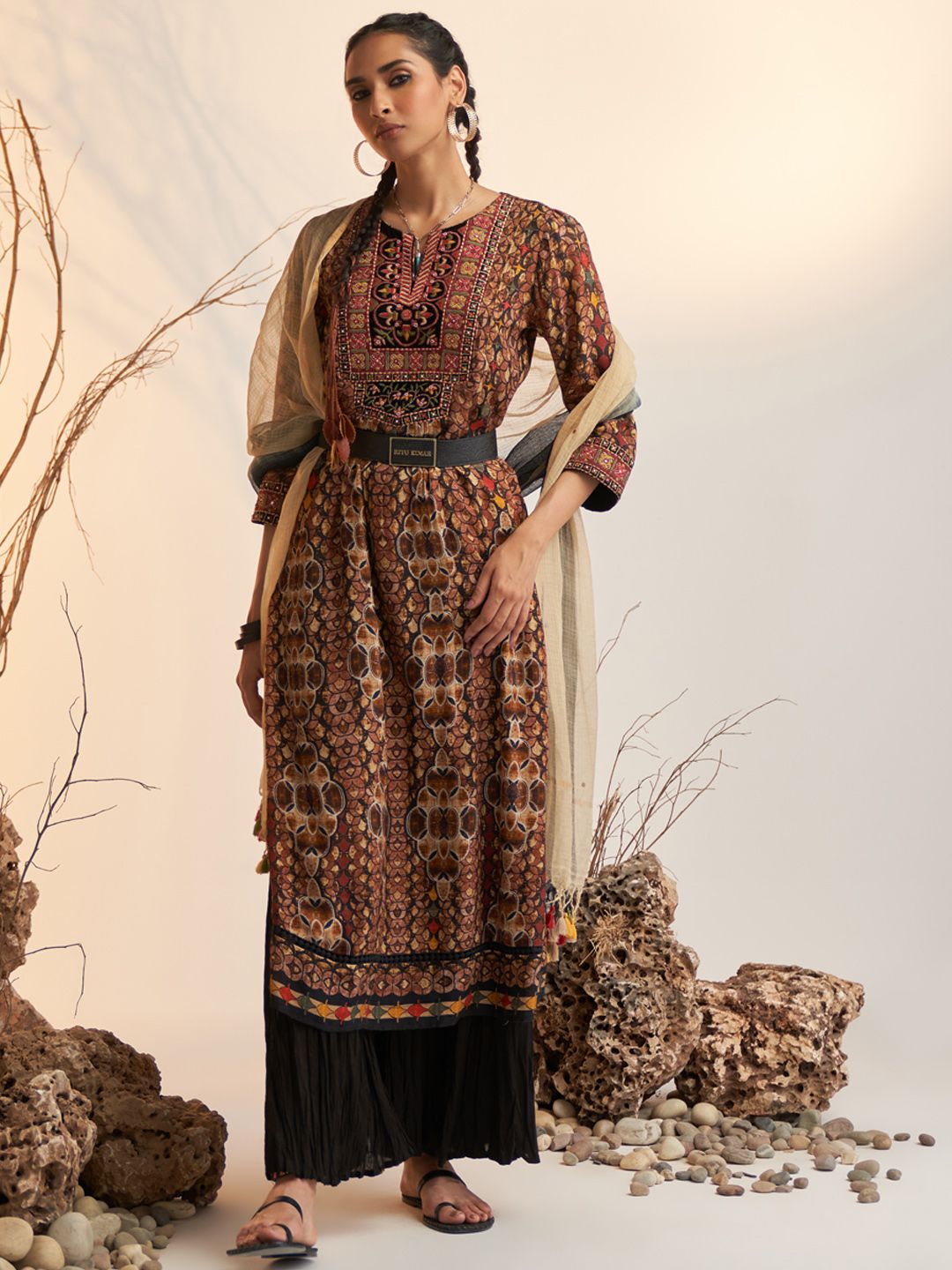 Ritu Kumar Women Brown & Black Ethnic Motifs Yoke Design Kurta with Trousers & Dupatta Price in India