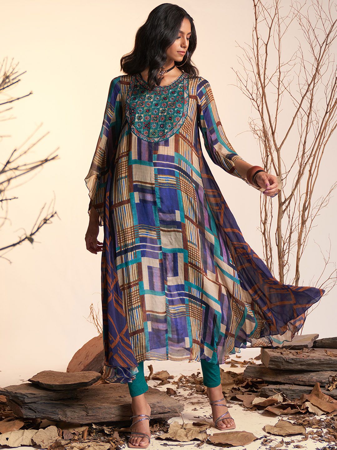 Ritu Kumar Women Blue & Green Printed Yoke Design Kurta with Leggings Price in India