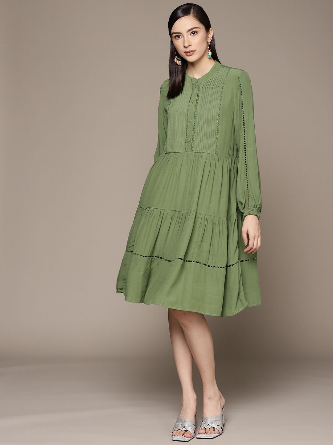 Ritu Kumar Olive Green Solid Tiered A-Line Midi Dress Price in India