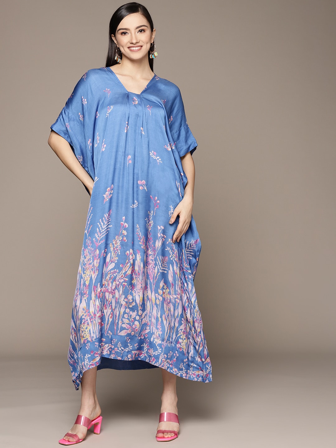Ritu Kumar Blue & White Floral Print Kaftan Maxi Dress Price in India