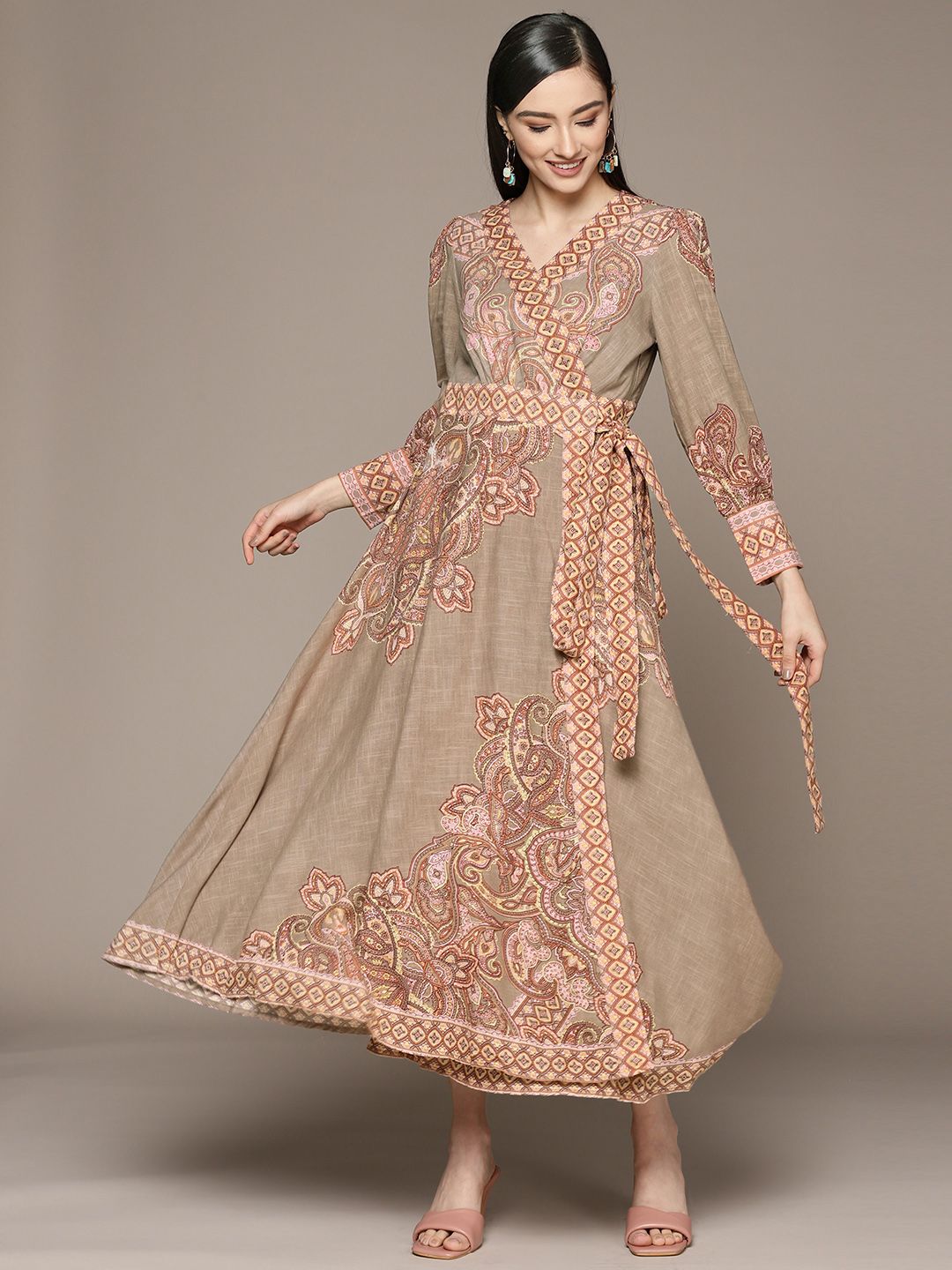 Ritu Kumar Green & Beige Paisley Print Maxi Wrap Dress Price in India