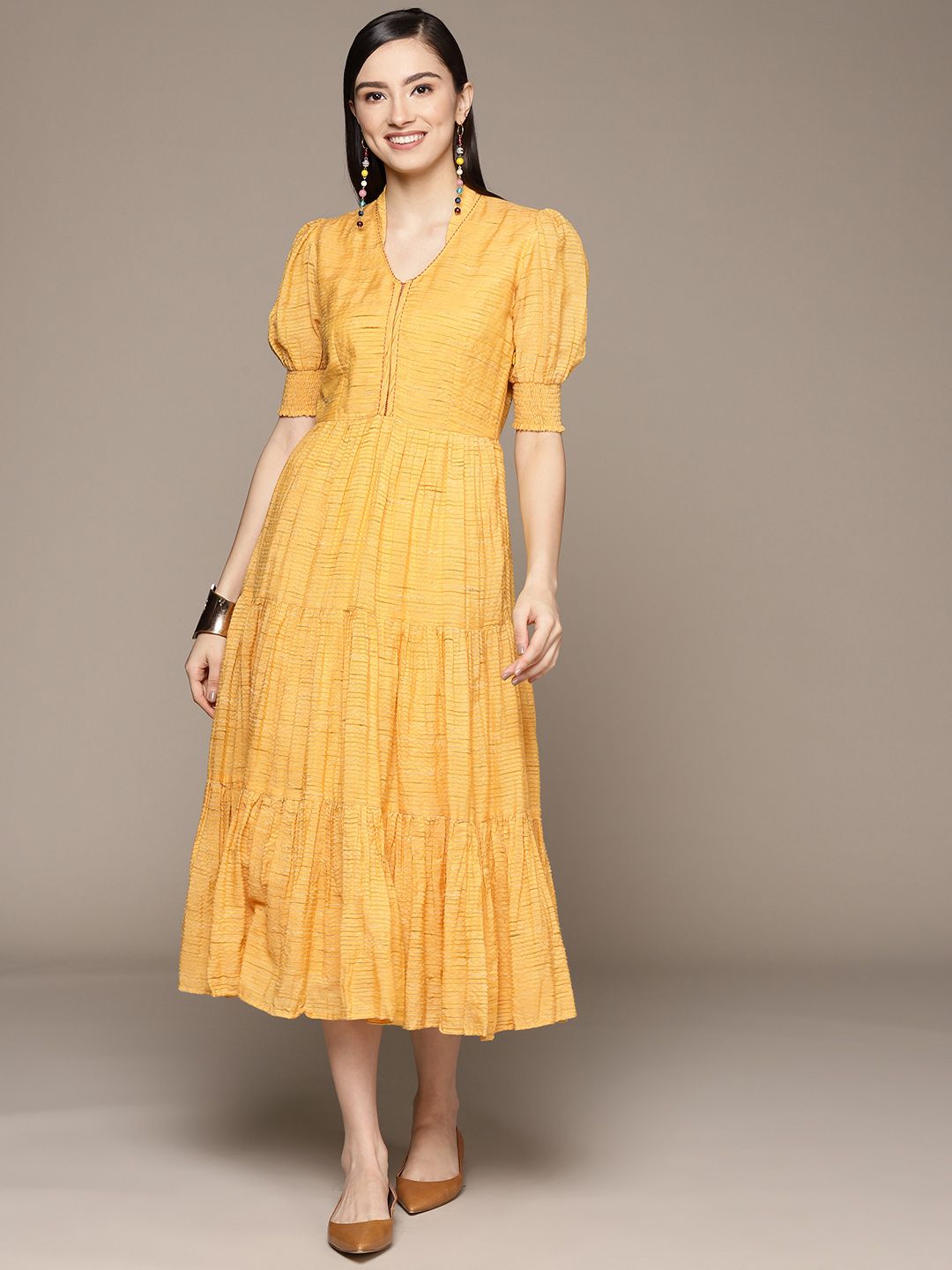 Ritu Kumar Mustard Yellow Woven Design Tiered A-Line Maxi Dress Price in India