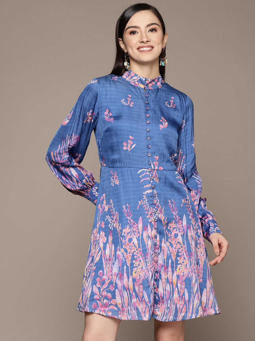 Ritu Kumar Blue & Pink Floral Print Shirt Dress Price in India
