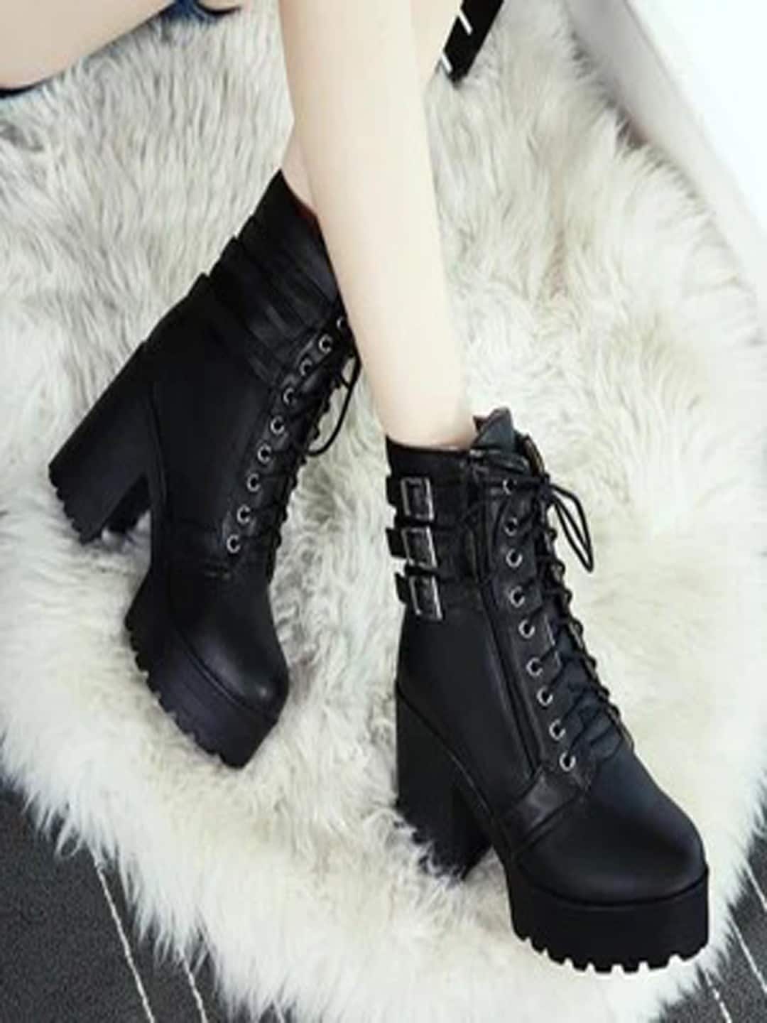 Shoetopia Women Black Solid Lace-Ups Boots Price in India