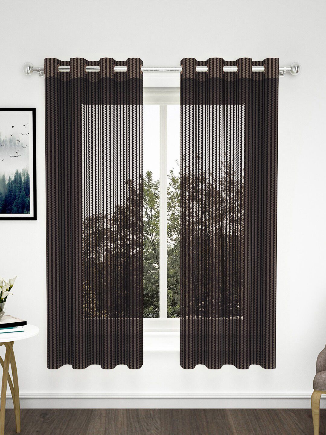 Story@home Coffee Brown Set of 2 Striped Sheer Window Curtain Price in India