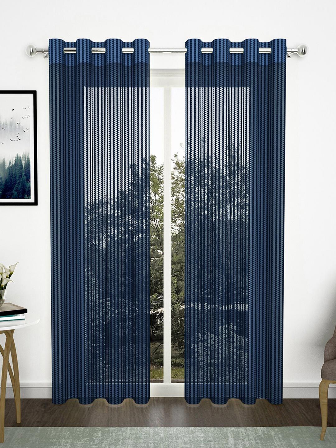 Story@home Navy Blue Set of 2 Striped Sheer Door Curtain Price in India