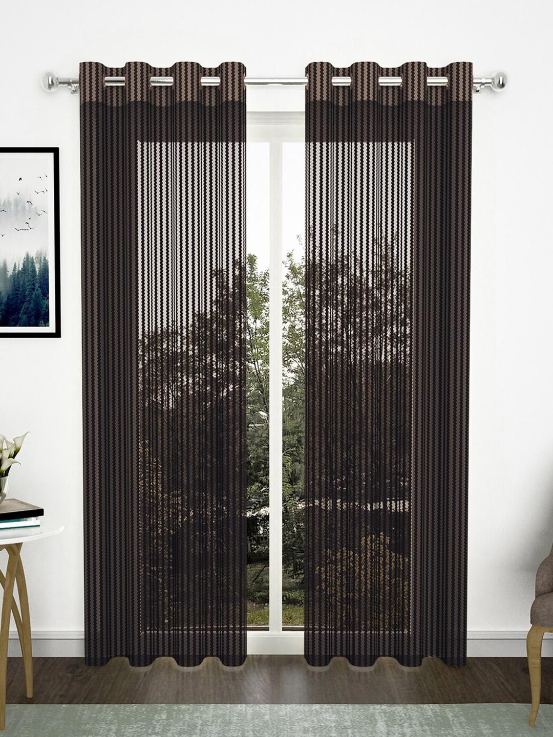 Story@home Set of 2 Coffee Brown Striped Sheer Door Curtain Price in India