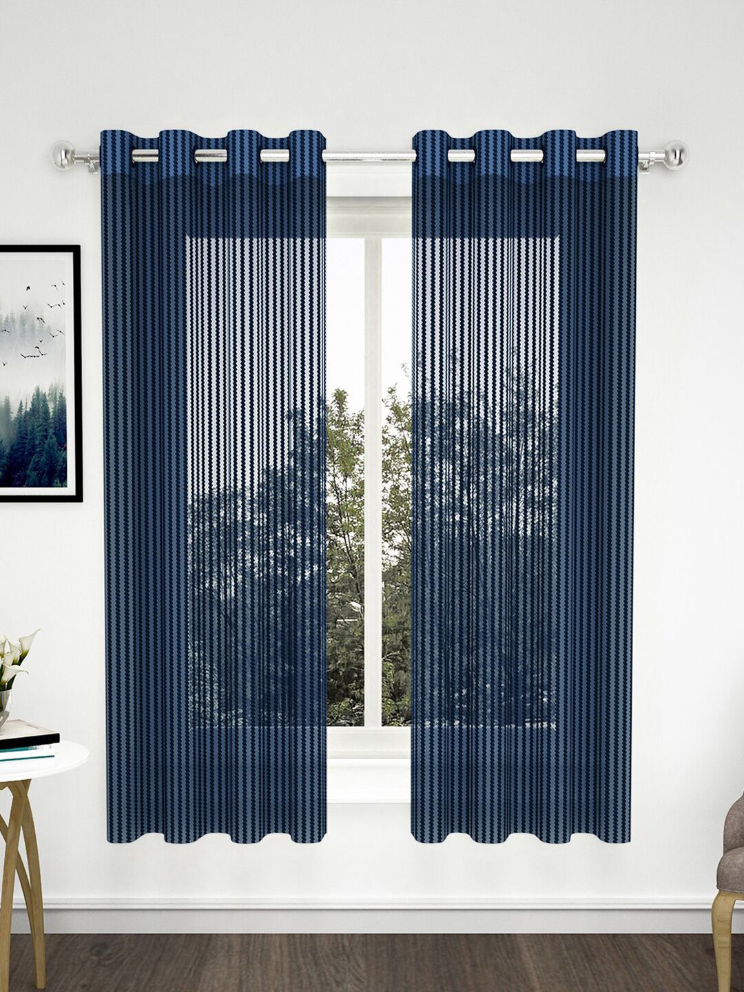 Story@home Navy Blue Set of 2 Striped Sheer Window Curtain Price in India