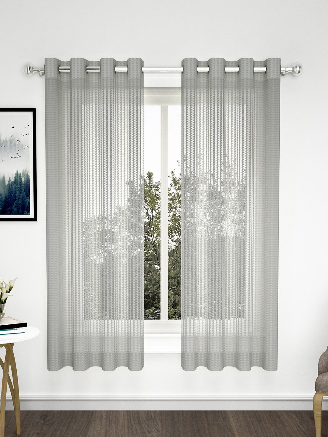 Story@home Grey & Silver-Toned Set of 2 Striped Sheer Window Curtain Price in India