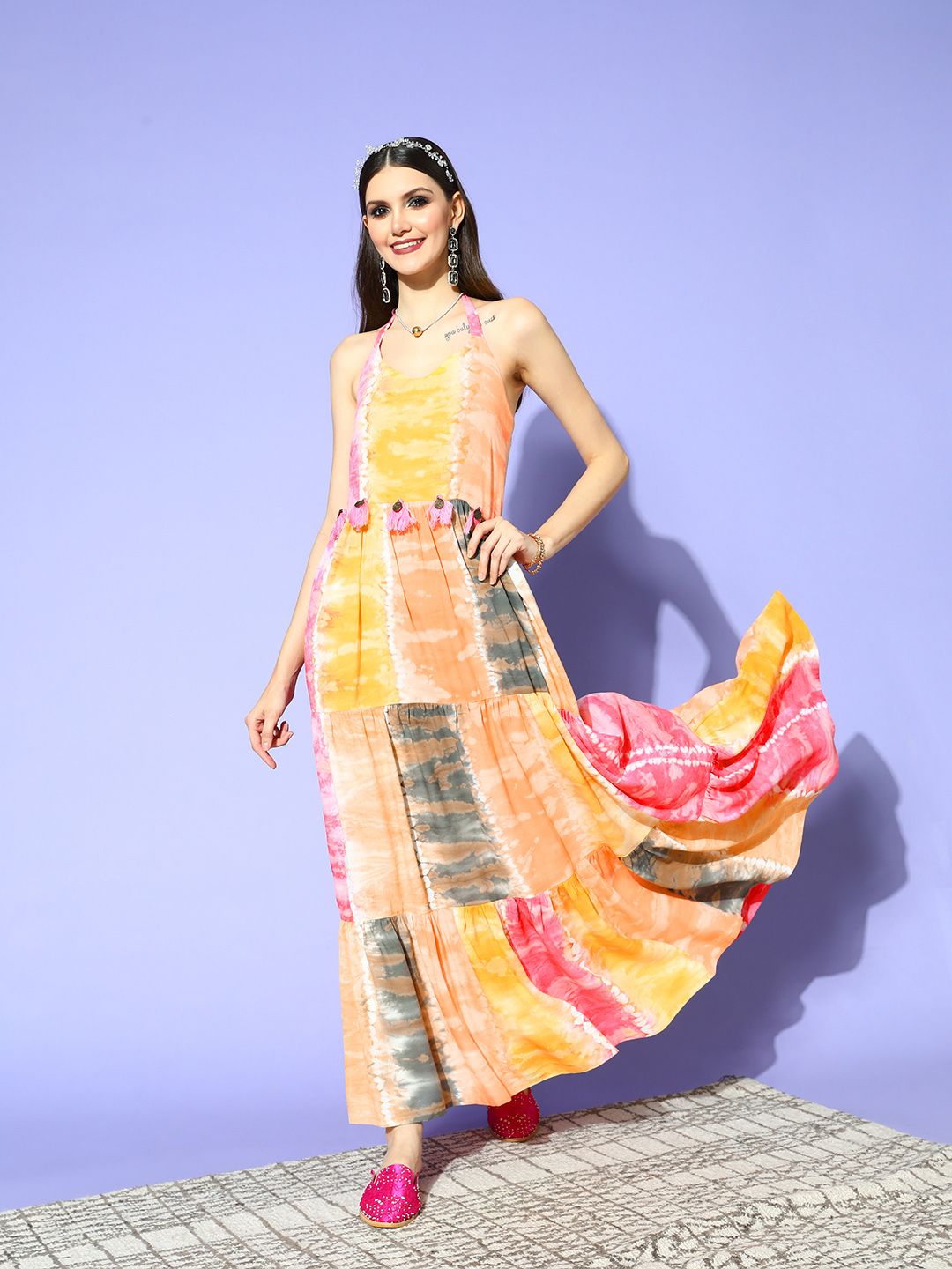 Yufta Multicoloured Tie and Dye Halter Neck Thread Tassel With Metal Coins Tiered Dress Price in India