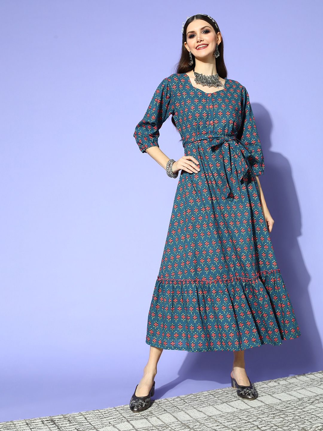 Yufta Blue Ethnic Motifs Sweetheart Neck Ethnic Cotton A-Line Midi Dress Price in India