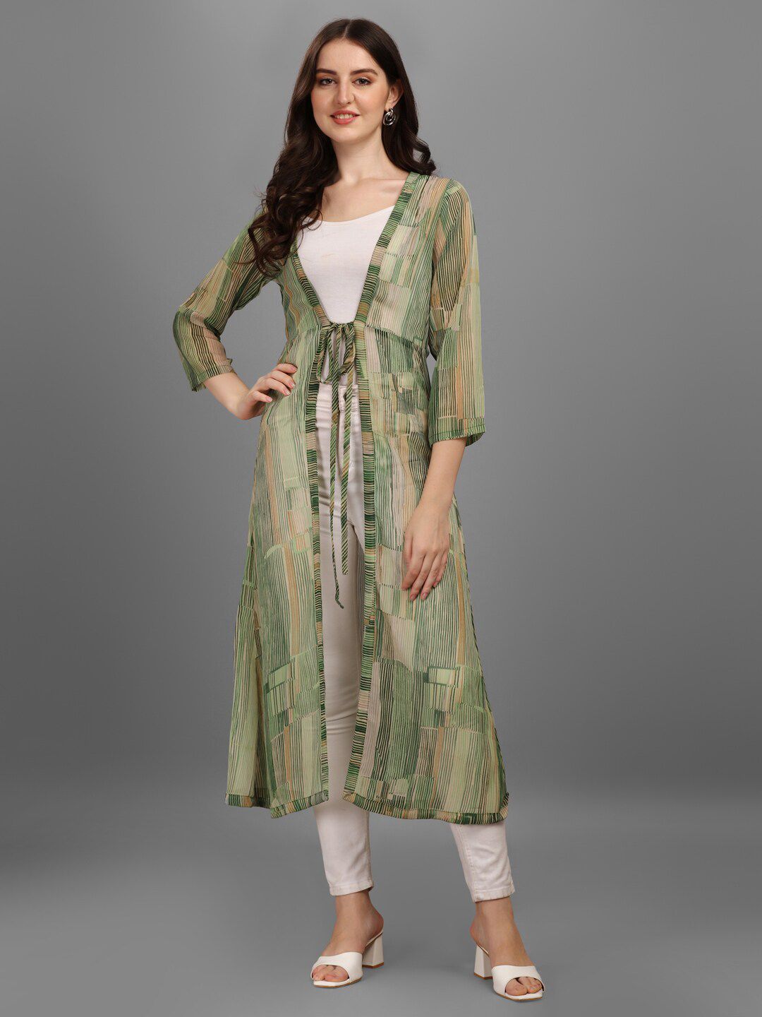 GUFRINA Women Green & Beige Printed Longline Tie-Up Shrug Price in India