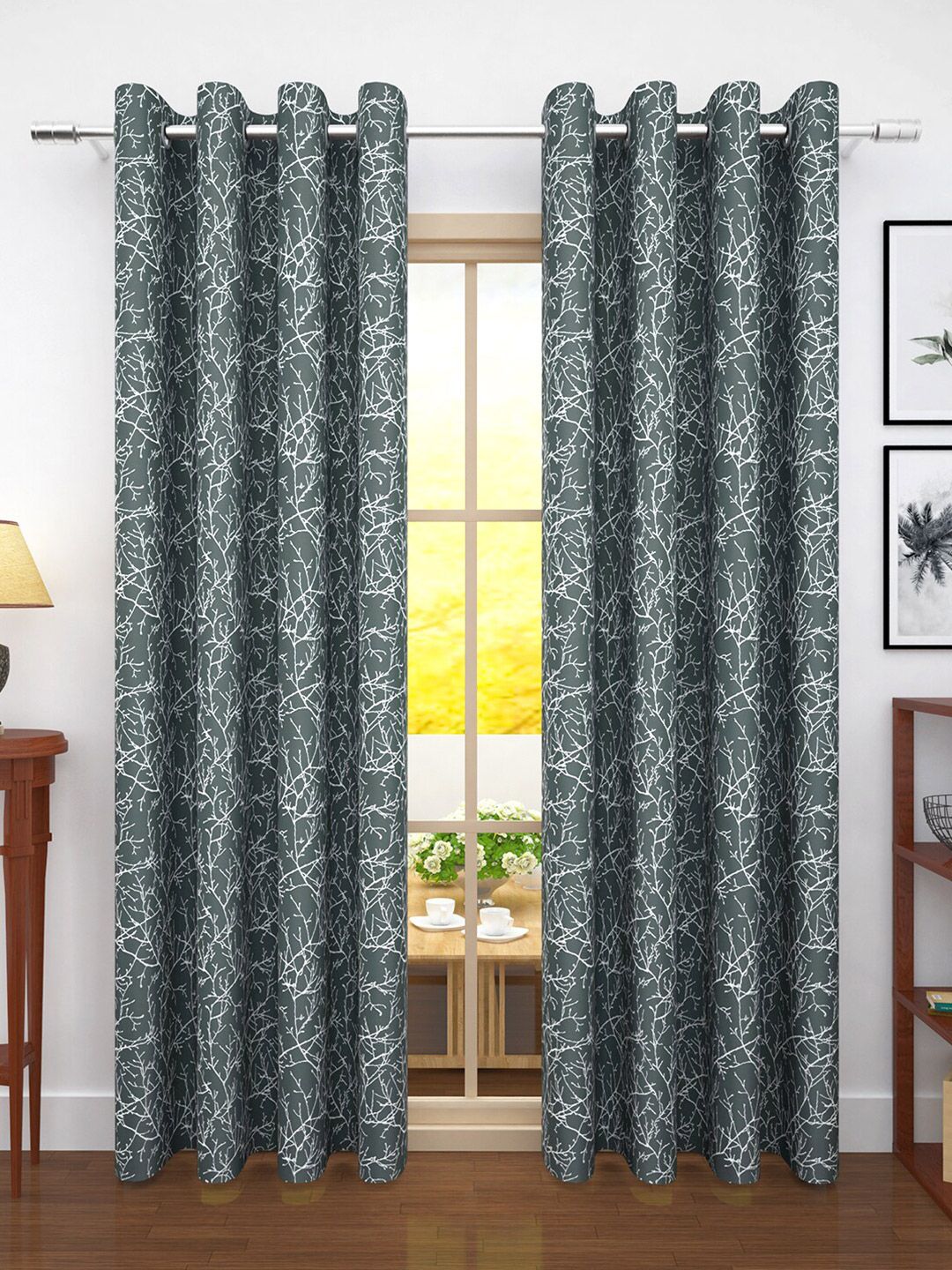 Story@home Grey & Off White Set of 2 Room Darkening Door Curtains and Sheers Price in India