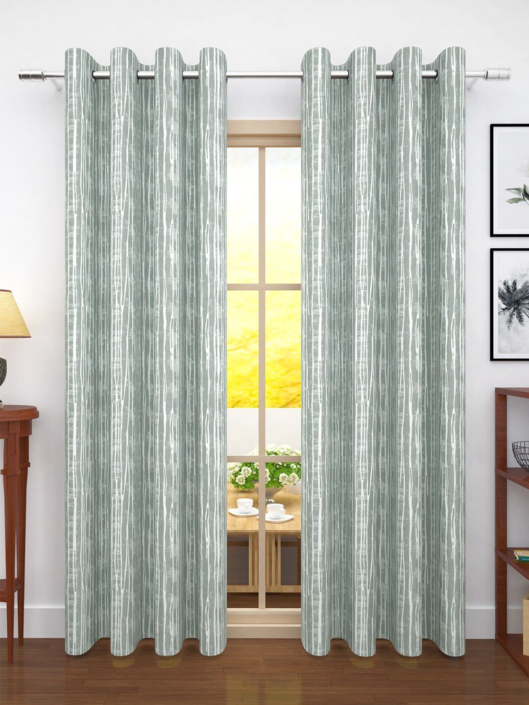 Story@home Grey & Off White Set of 2 Striped Room Darkening Door Curtains and Sheers Price in India