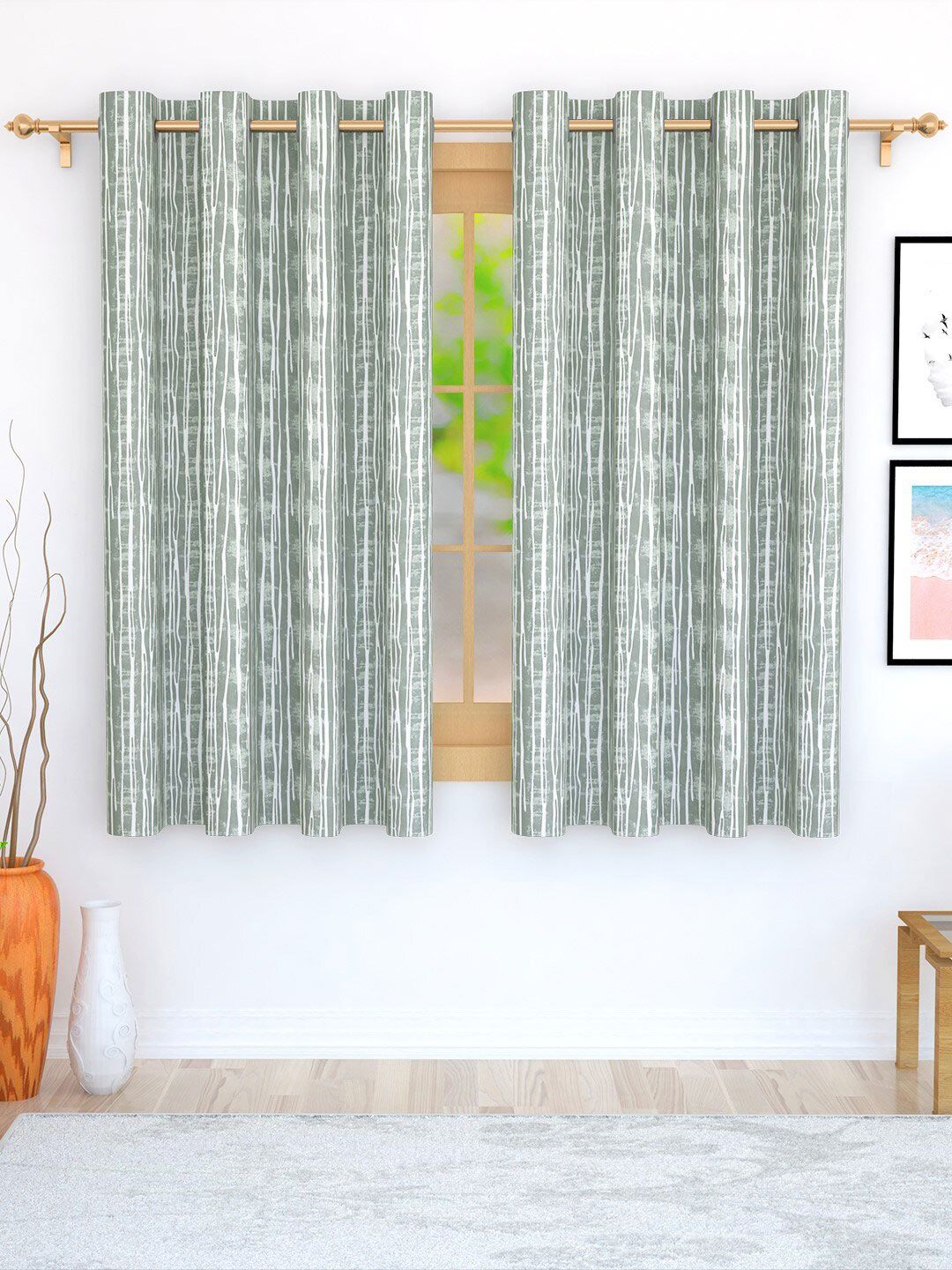 Story@home Grey & White Set of 2 Striped Room Darkening Window Curtain Price in India