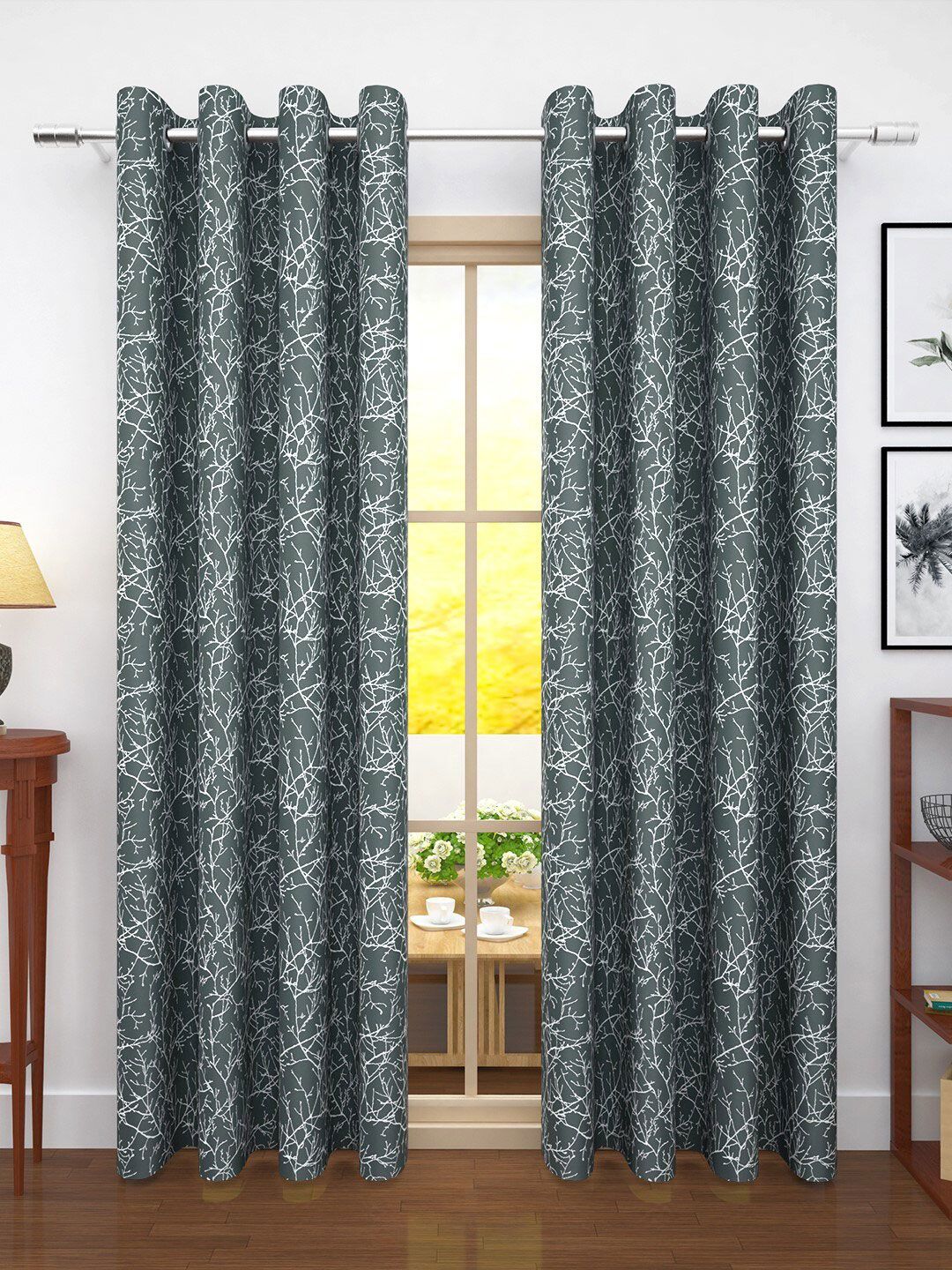 Story@home Grey & White Set of 2 Floral Room Darkening Long Door Curtain Price in India