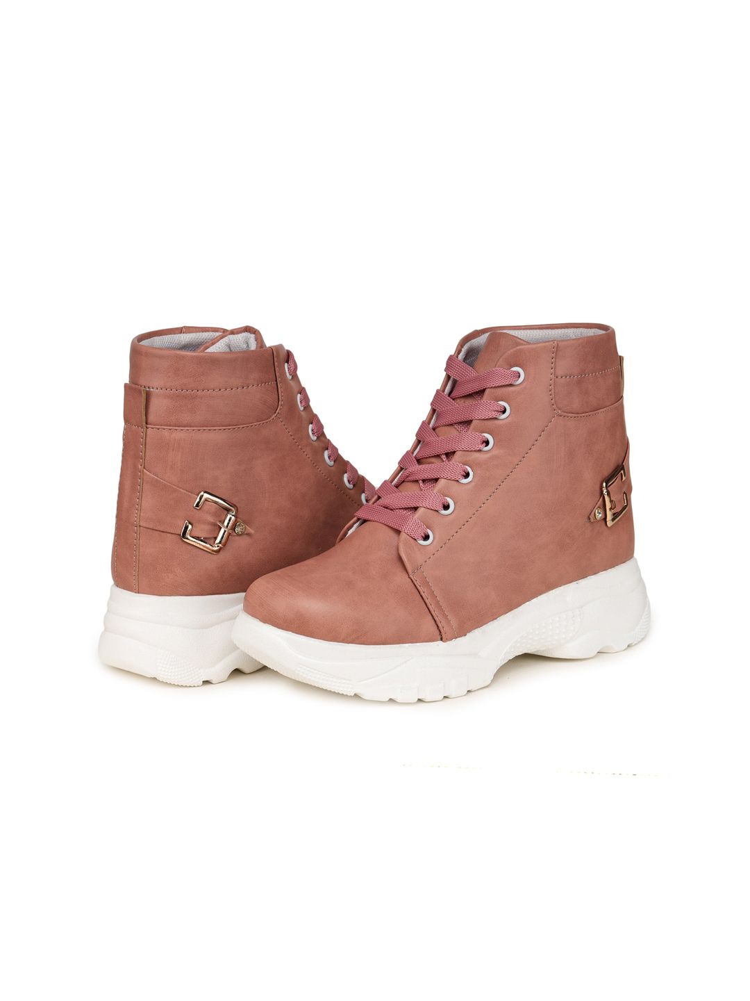 BOOTCO Women Pink Light Weight Heeled Boots Ankle Length With Laces and Buckle Charm Price in India