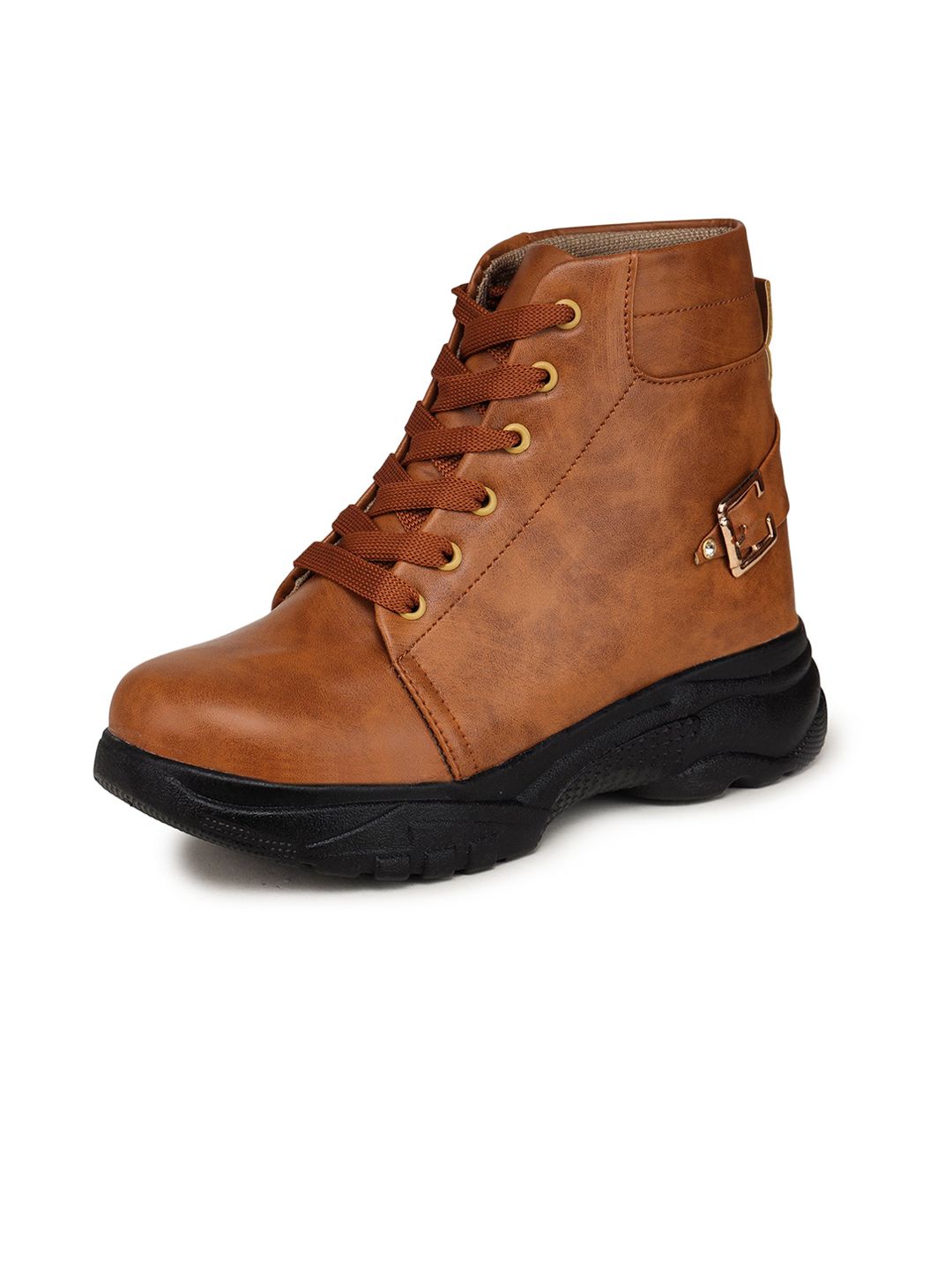 BOOTCO Women Brown & Black Solid Heeled Light Weight Boots Price in India