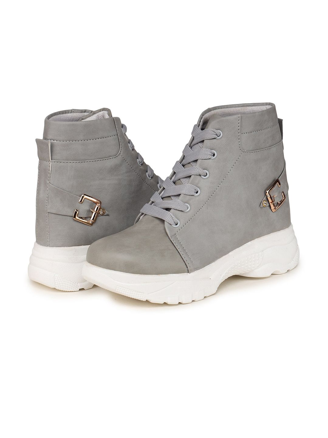 BOOTCO Women Grey Solid High-Top Flat Boots Price in India