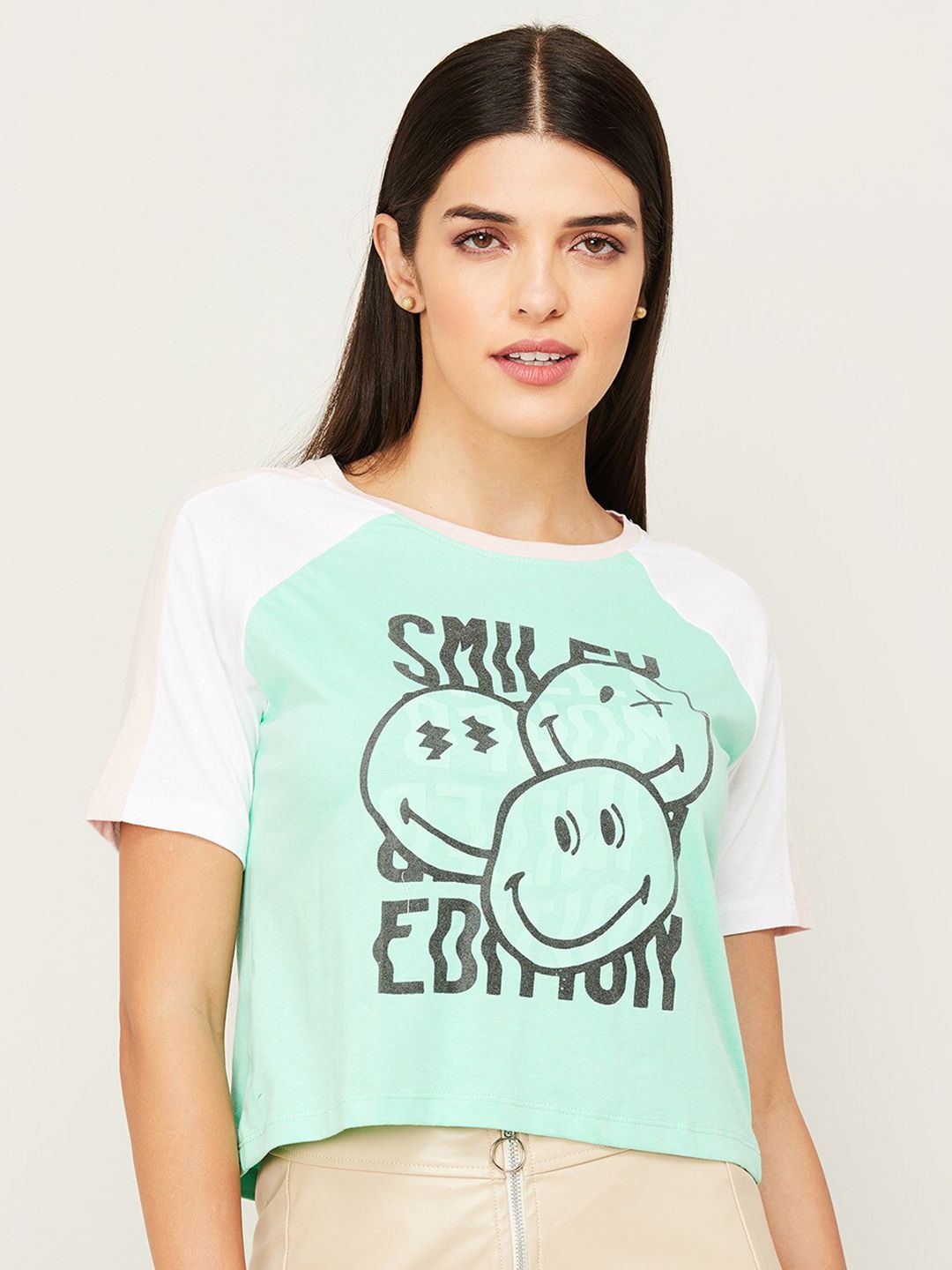 SmileyWorld Green & White Print Boxy Crop Top Price in India