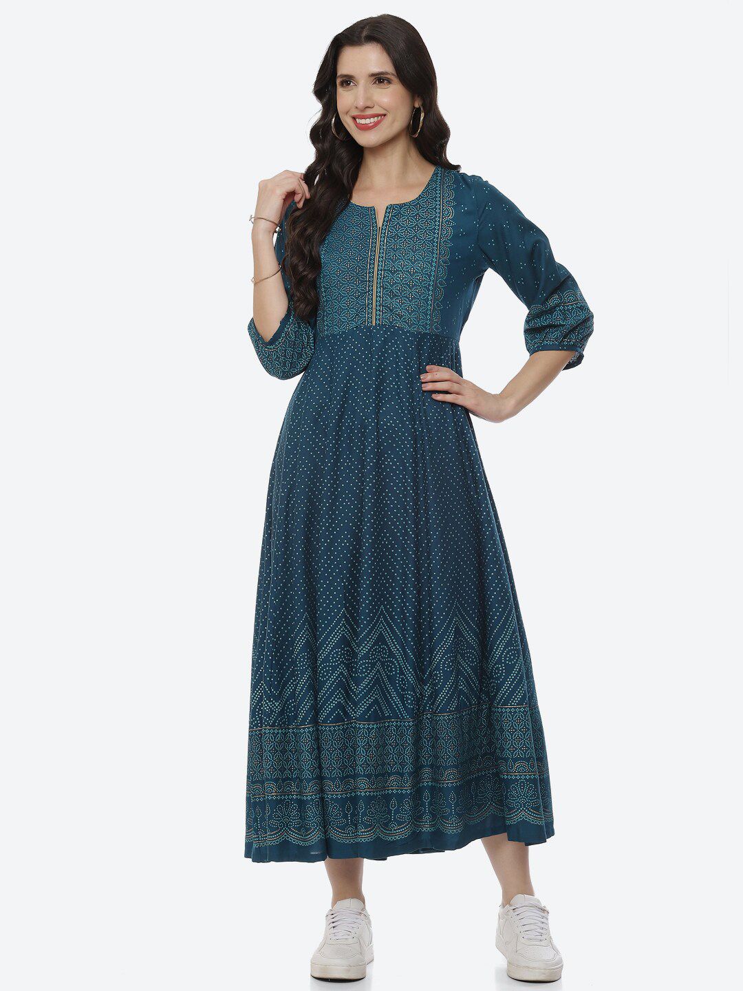 Rangriti Teal & White Ethnic Motifs Maxi Dress Price in India