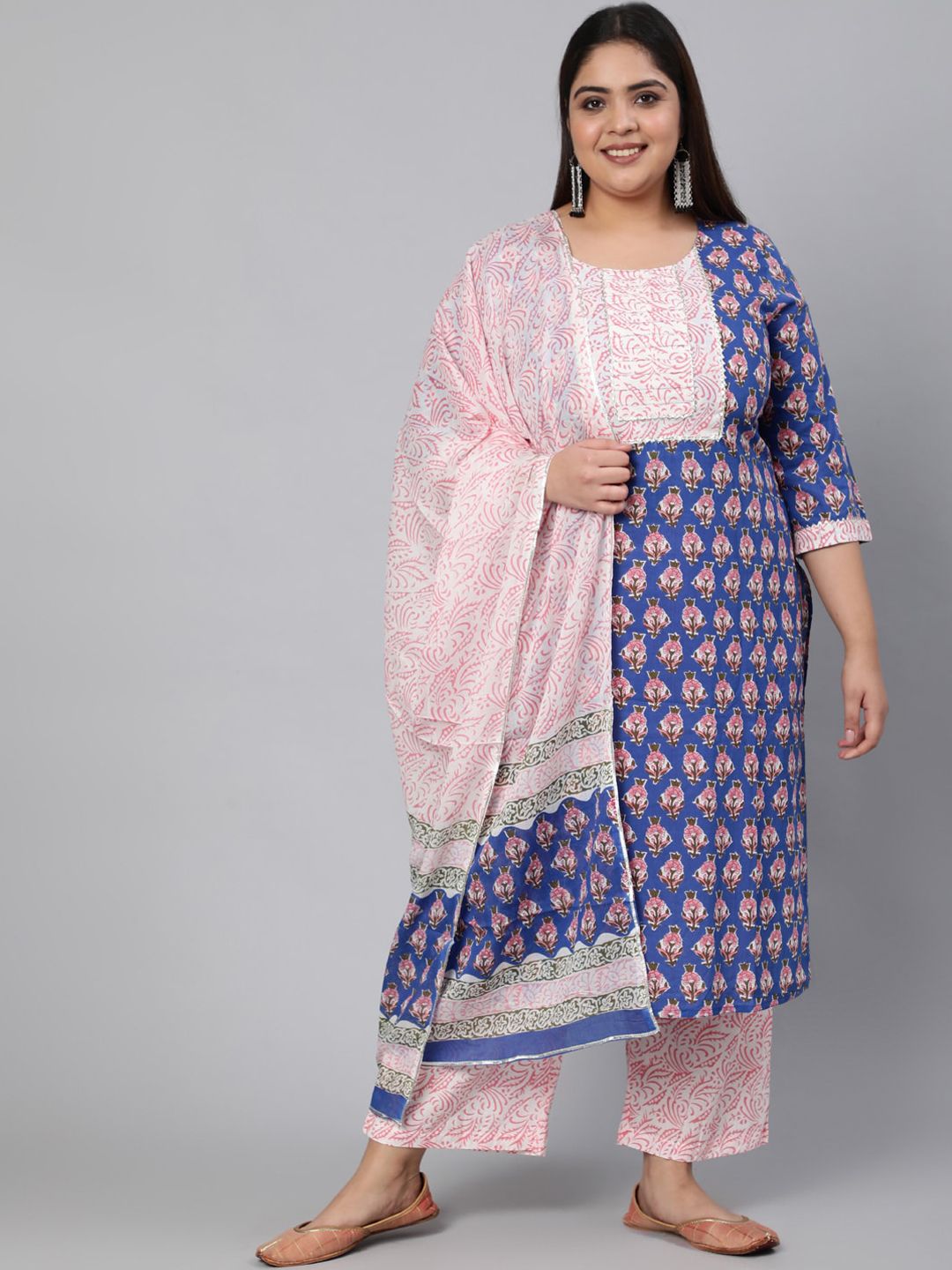 Jaipur  Plus size Women Blue Embroidered Pure Cotton Kurta with Trousers & With Dupatta Price in India