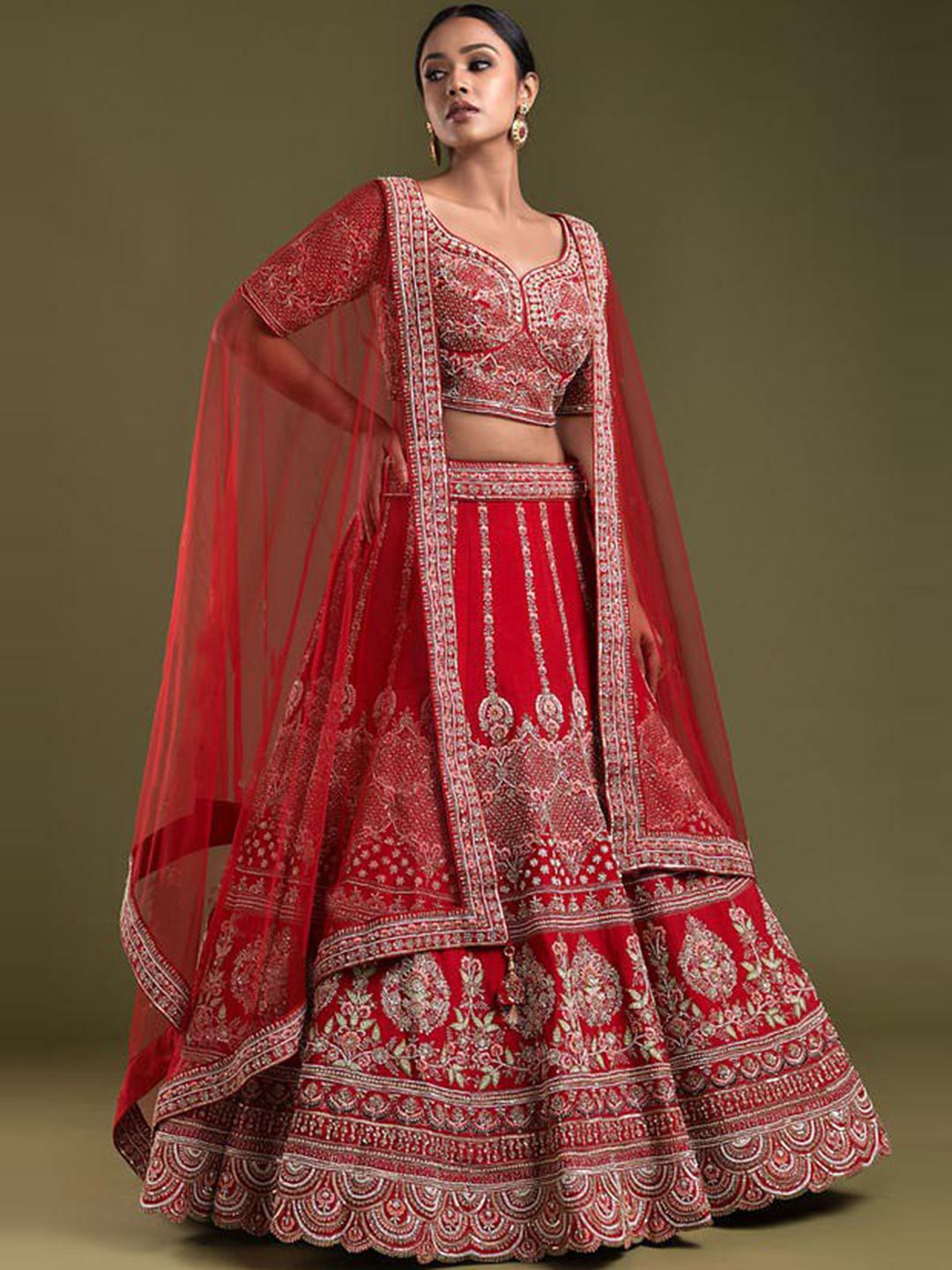 RIVAMA Red & Silver-Toned Embroidered Sequinned Shibori Semi-Stitched Lehenga & Blouse With Dupatta Price in India