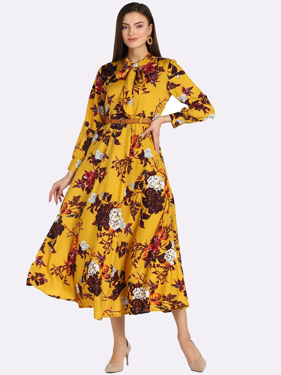 shashvi Yellow Floral Tie-Up Neck Crepe Midi Dress Price in India