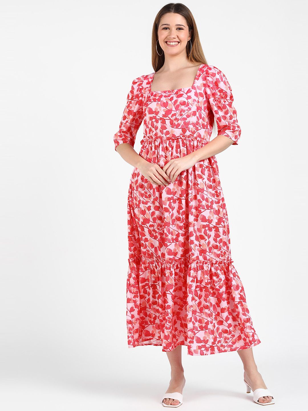 shashvi Red Floral Crepe Maxi Midi Dress Price in India