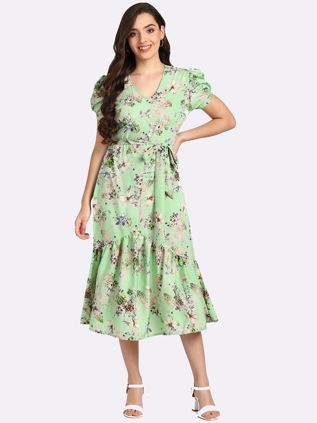 shashvi Women Green Floral Crepe Fit and Flare Midi Dress Price in India