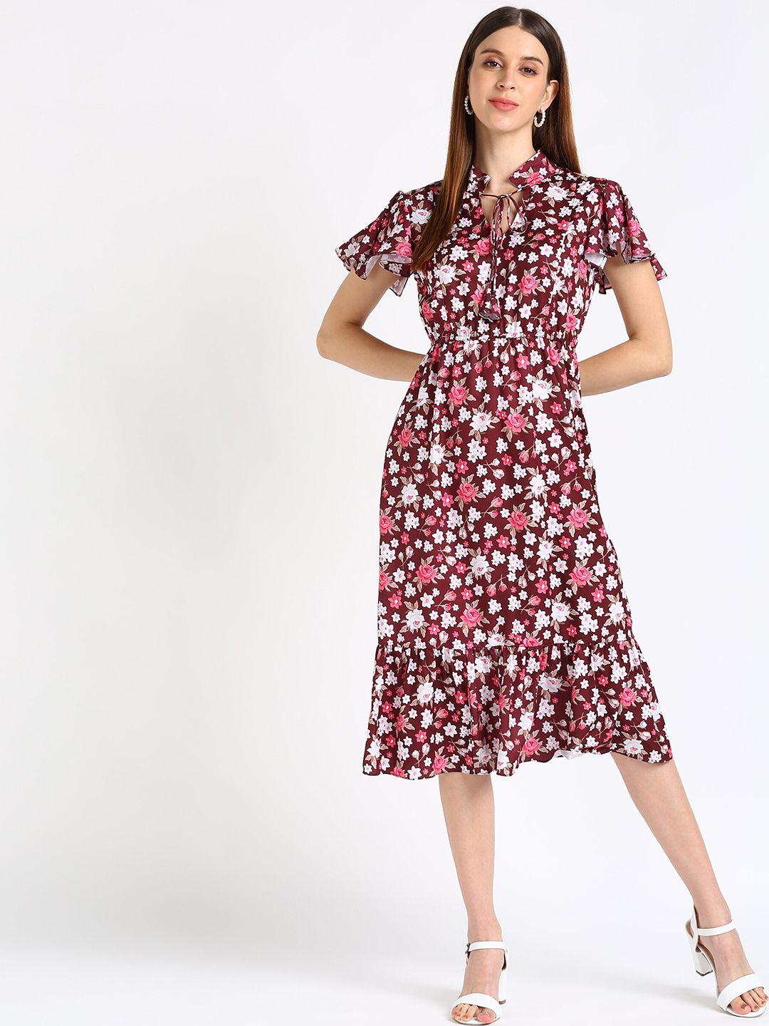 shashvi Maroon Floral Crepe Shirt Midi Dress Price in India