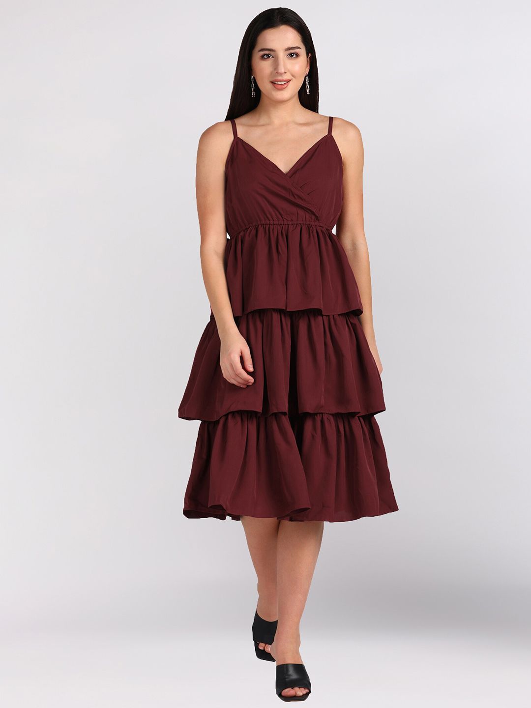 shashvi Women Maroon Layered Crepe Fit and Flare Western Midi Dress Price in India