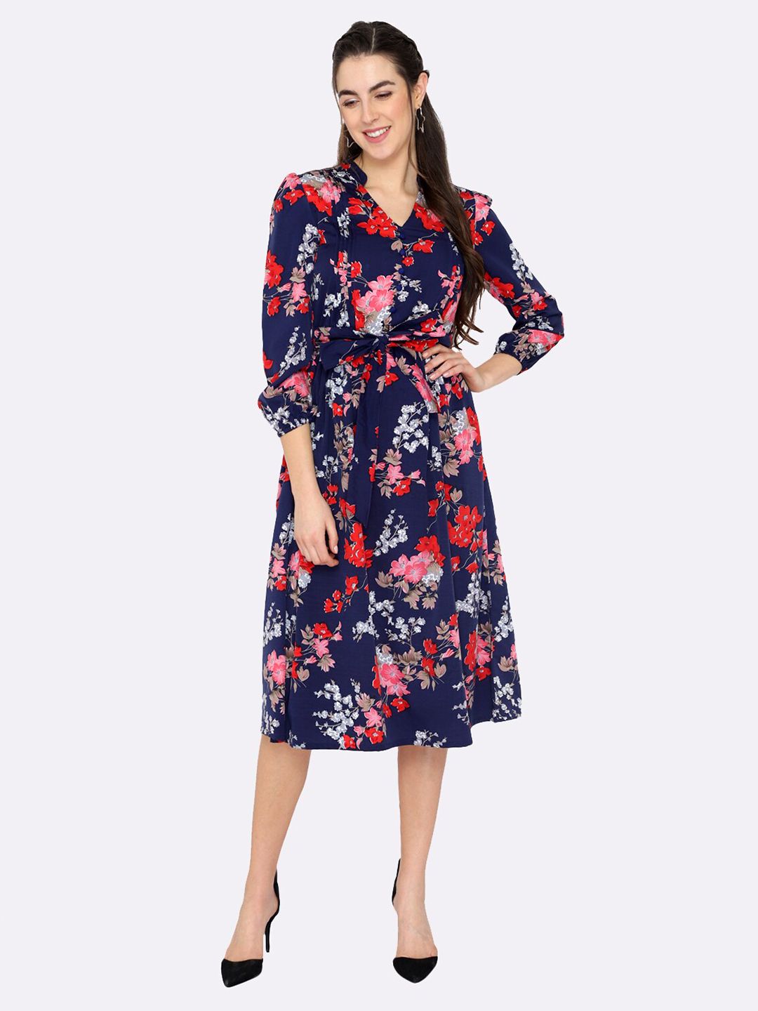 shashvi Blue Floral Crepe Midi Dress Price in India