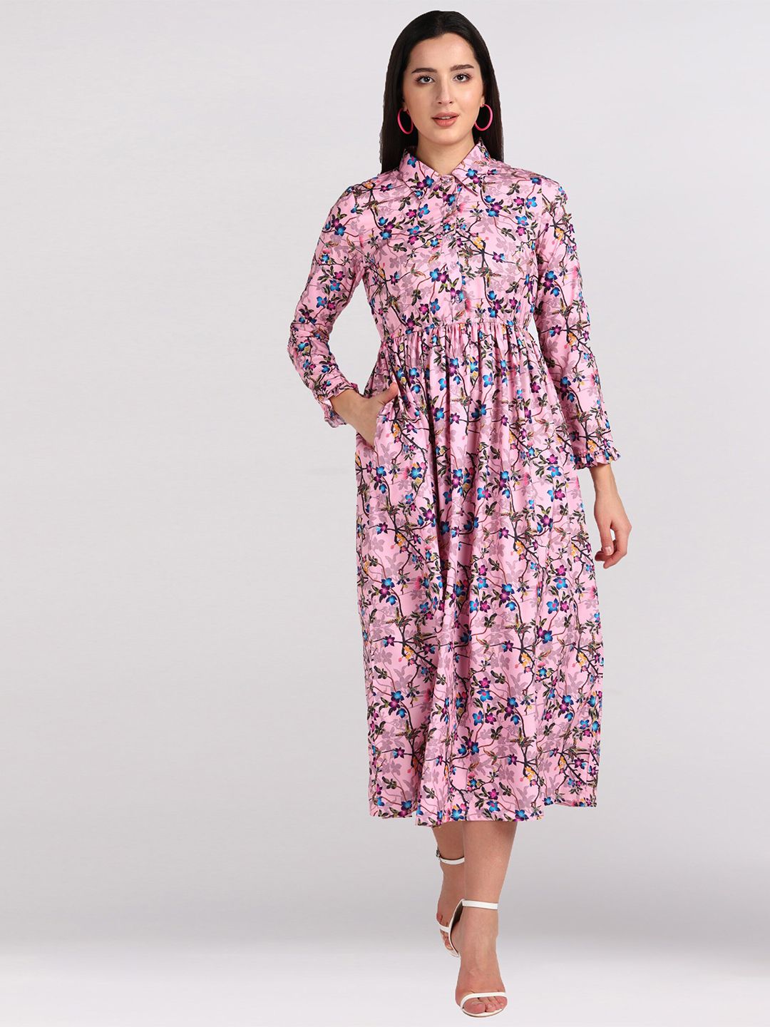 shashvi Pink Floral Crepe Shirt Maxi Fit and Flare Western A-line Dress Price in India