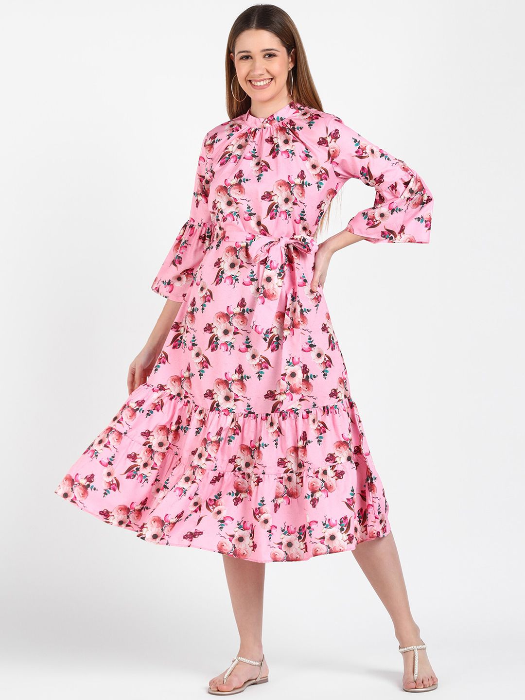 shashvi Women Pink Floral Crepe A-Line Midi Dress Price in India