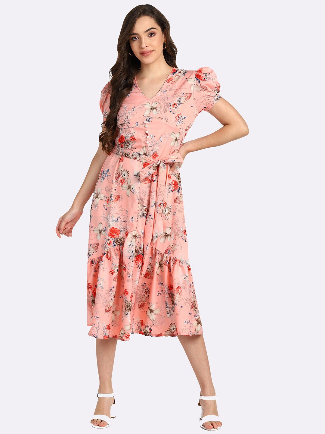 Shashvi Pink Floral Crepe Midi Dress Price in India