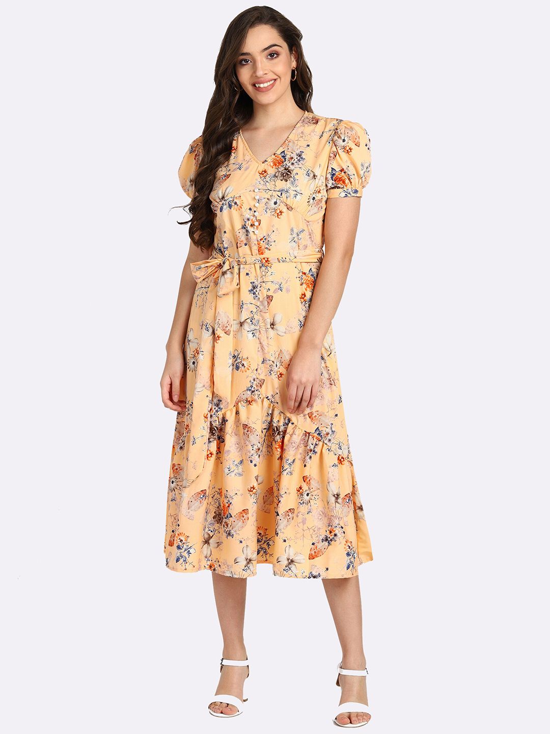 shashvi Peach-Coloured Floral Crepe Midi Dress Price in India