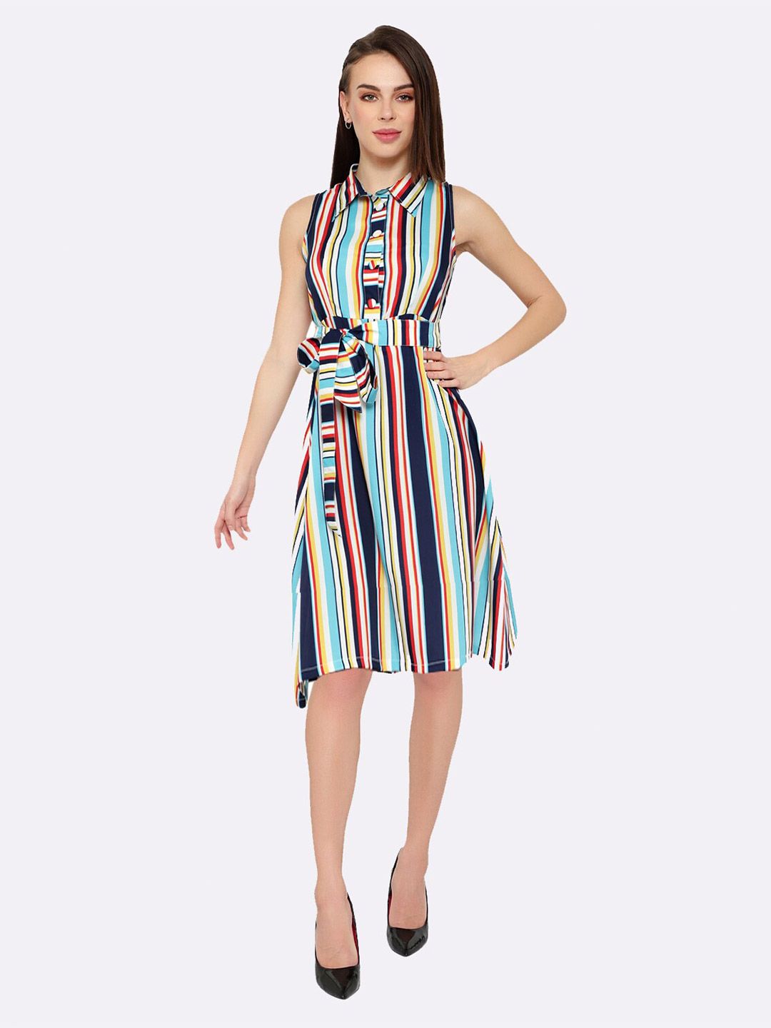 shashvi Women Multicoloured Striped Crepe A-Line Dress Price in India