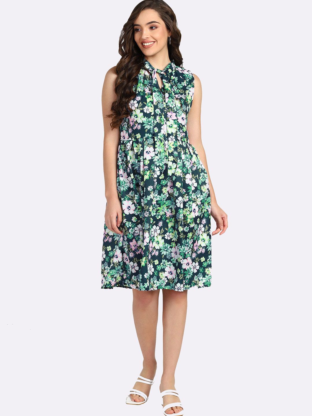 shashvi Green Floral Tie-Up Neck Crepe Dress Price in India